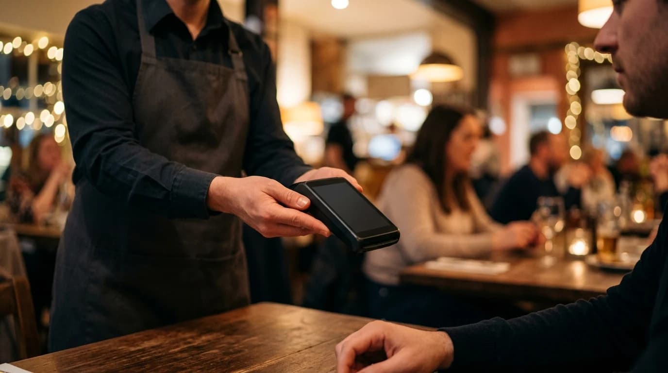 Konobar pruža POS terminal gostu za plaćanje karticom u restoranu