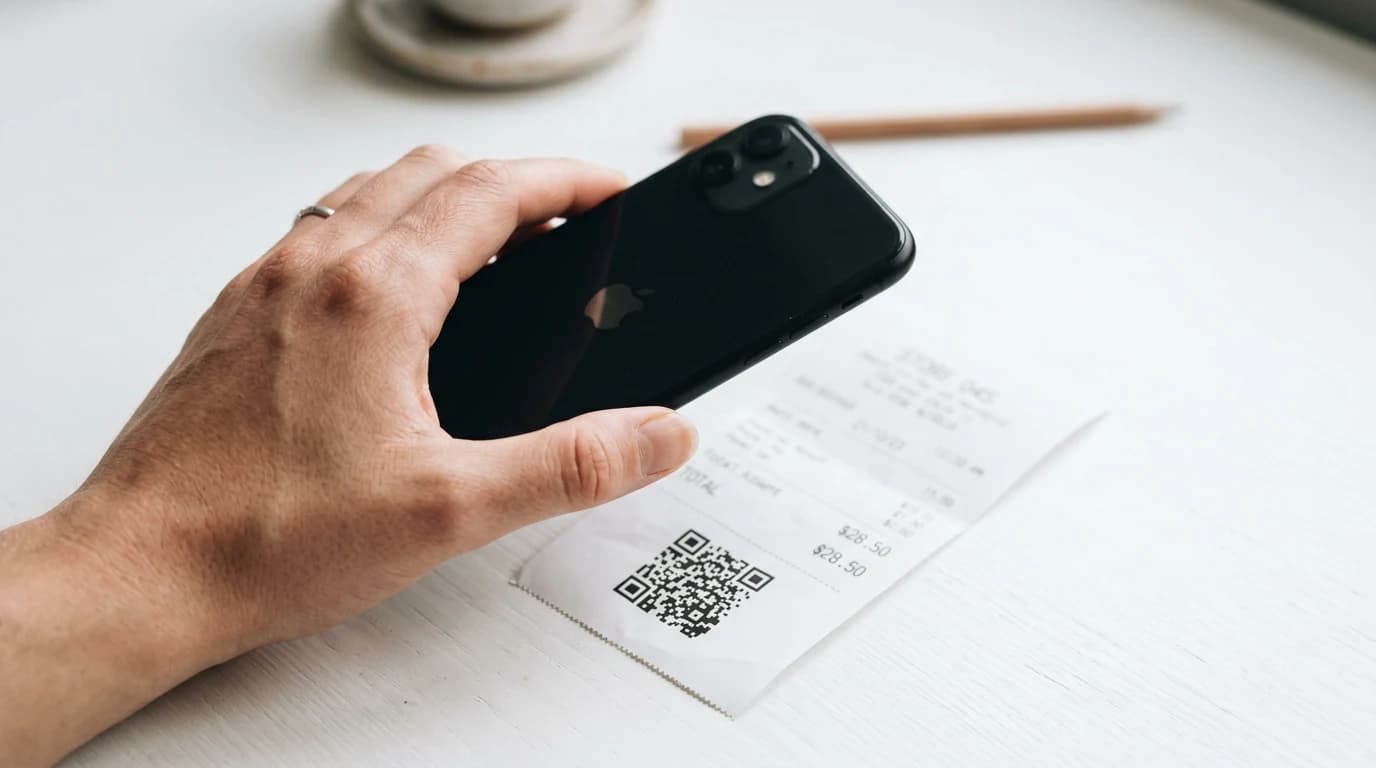 Ruka drži pametni telefon i skenira QR kod na termalnom papirnom računu