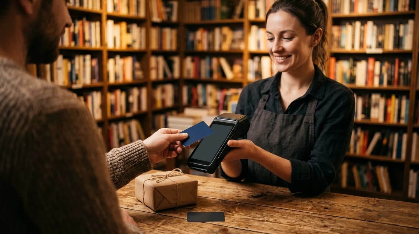 Kupac u knjižari doplaćuje karticom na POS terminalu, poklon kartica na pultu