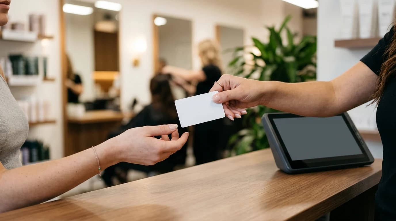 Frizerka predaje poklon karticu klijentkinji na recepciji salona