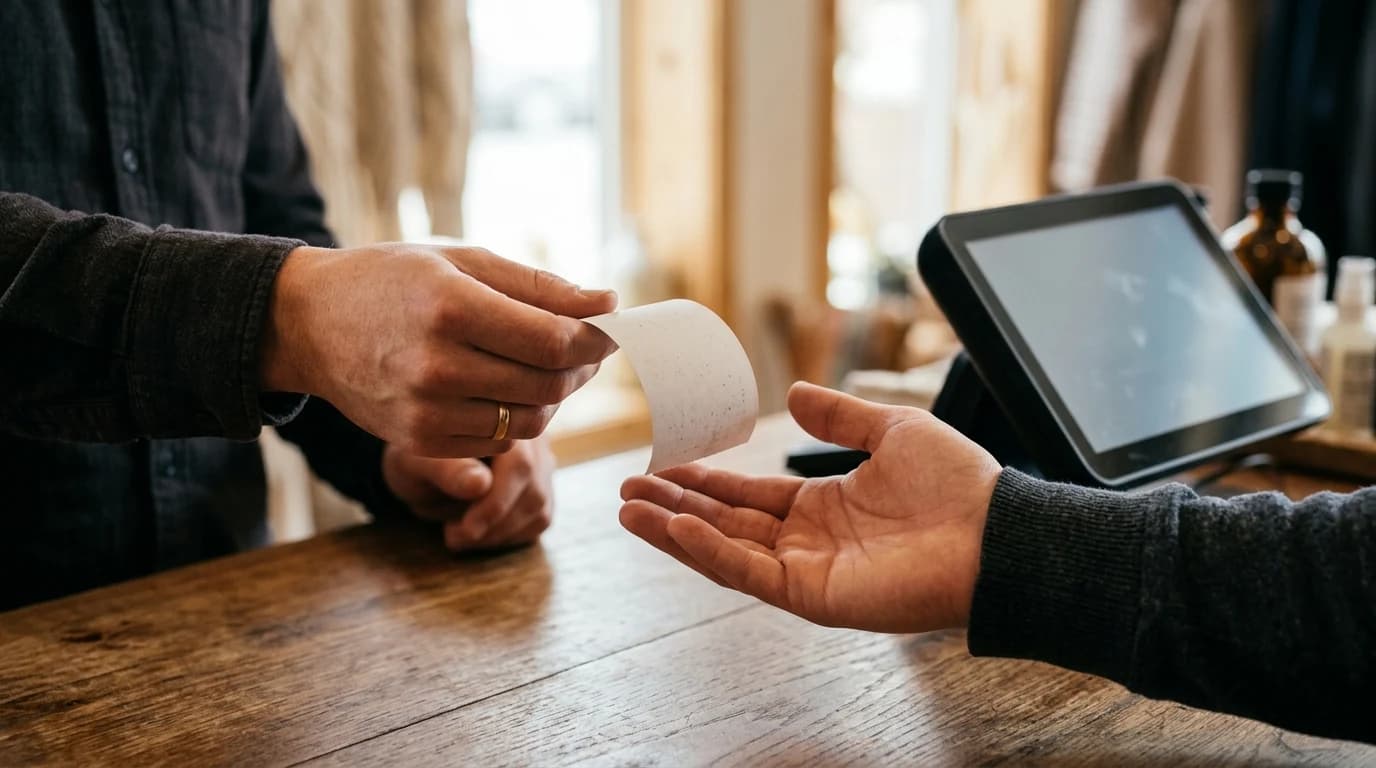 Prodavac iza pulta male radnje pruža fiskalni račun kupcu
