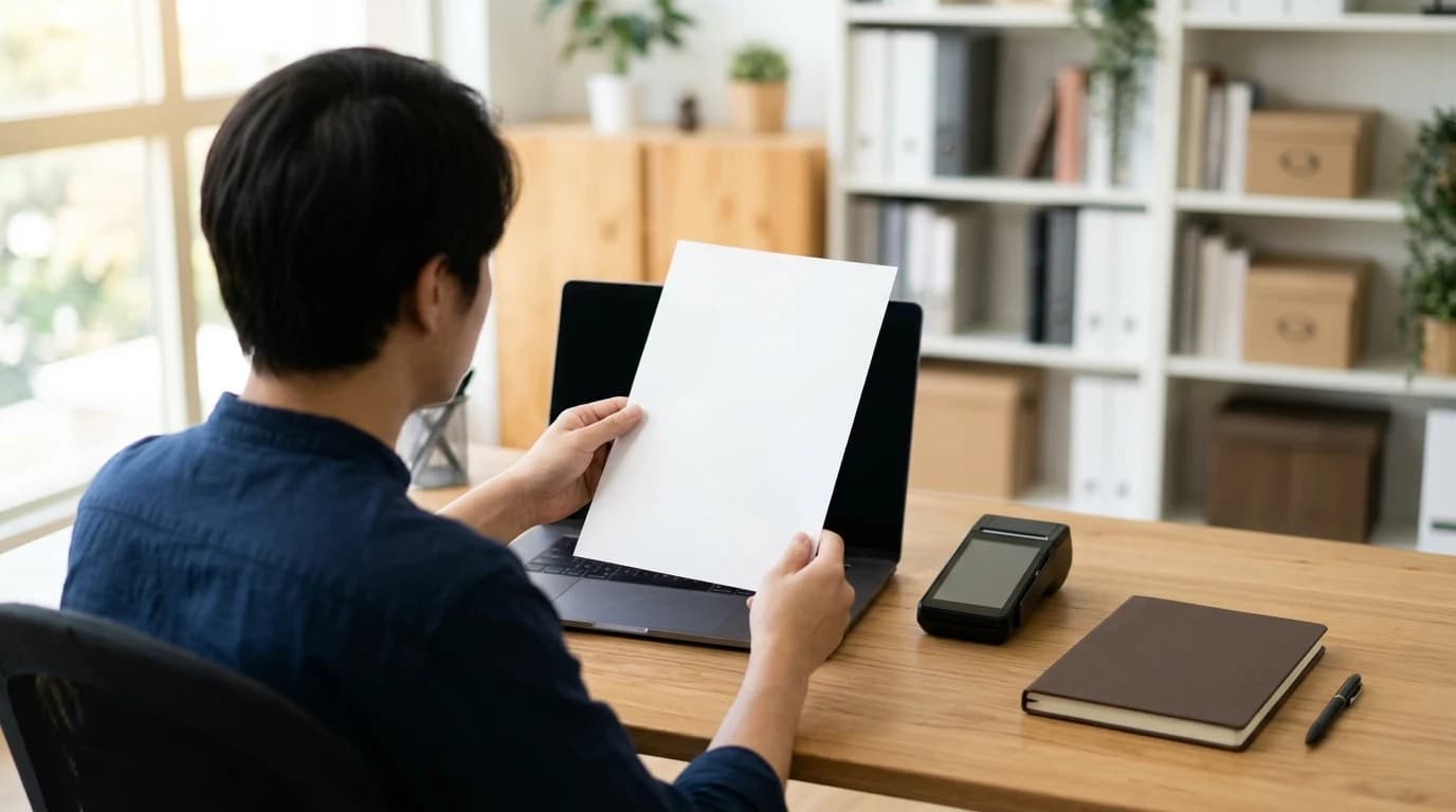 Preduzetnik u kancelariji drži odštampan list pored laptopa i POS terminala