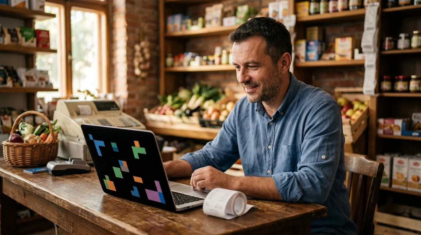 Vlasnik male prodavnice za pultom proverava izdate fiskalne račune na laptopu