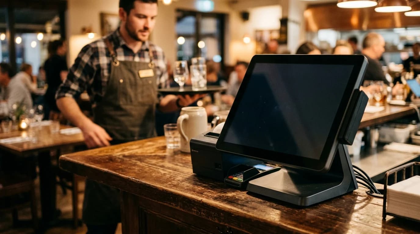 Android POS kasa sa ekranom na šalteru u restoranu, konobar u pozadini