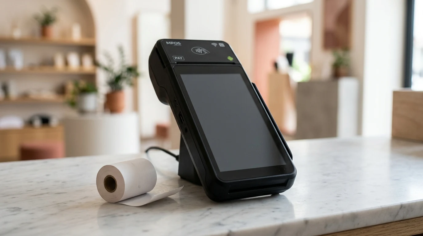 Android POS fiskalna kasa sa rolnom termalnog papira na pultu radnje
