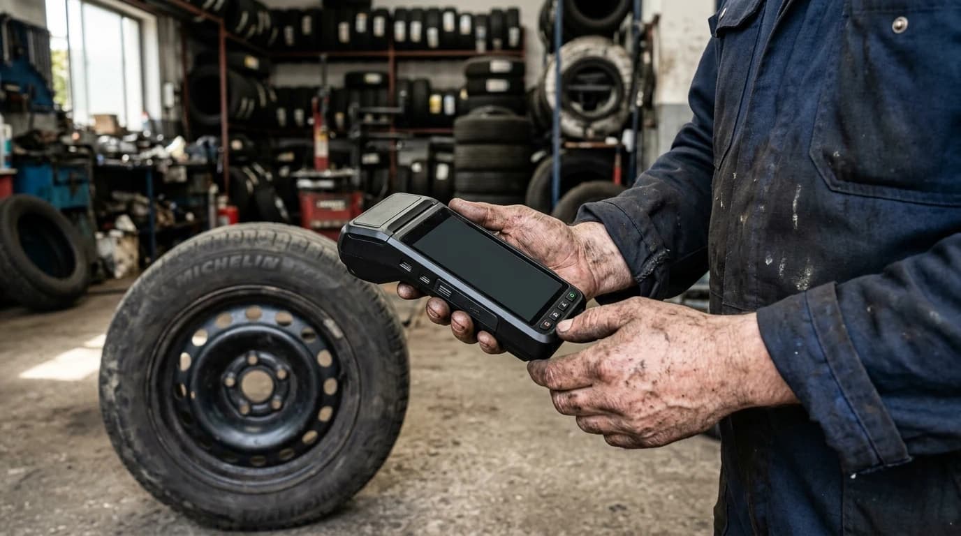 Vulkanizer drži mobilnu fiskalnu kasu pored gume u hali